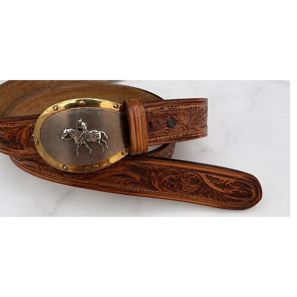 Vintage Kids Western Tooled Leather Belt Horse Rider Trophy Buckle Tan 28 USA